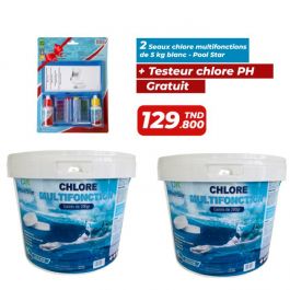 2 Seaux chlore multifonctions Poolstar - Galets 200g 5Kg + Testeur 3 chambres réactifs liquide Gratuit 