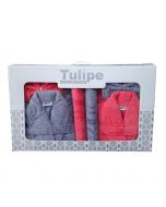 2 Caps De Bain + 2 serviettes + 2 gants Elle&Lui - Gris&Rose - Tulipe