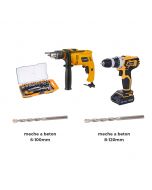 Pack n°2 - Perceuse à Percussion 13 mm 600W + Kit Embouts 23pcs - mèche à béton 6-100mm & 8-120mm + Perceuse sans fil 12 V - HOTECHE