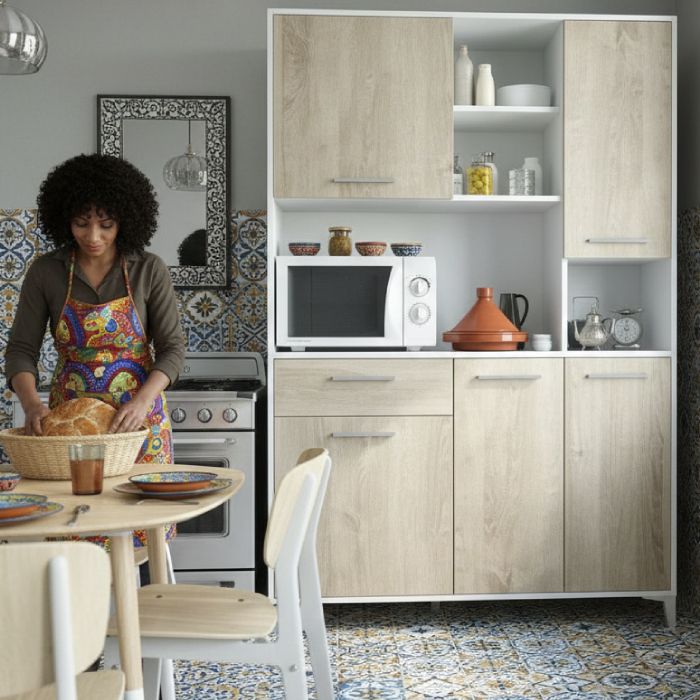 Buffet de Cuisine - Blanc & Chêne Clair - 120×185×40 cm