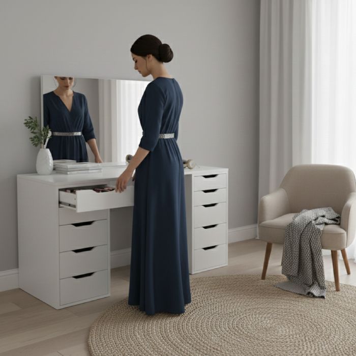 Commode 10 Tiroirs avec Miroir – MDF Stratifié – 140 × 75 × 45 cm