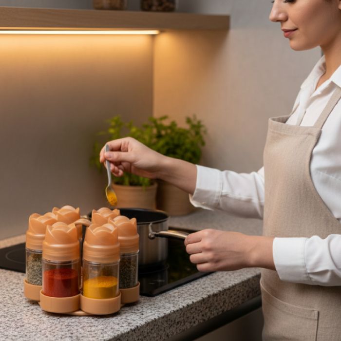 Lot à Épices avec Support Tulip - 6 Boîtes - Beige