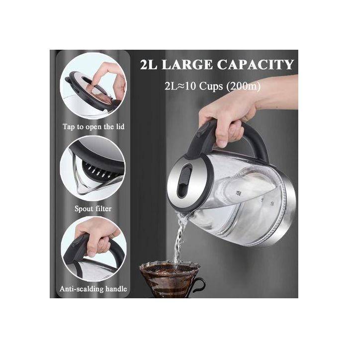 Bouilloire électrique Verre 2L 2200W - LED Inox - Maintien Chaud