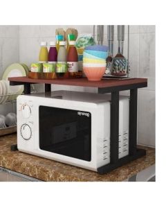 Étagère four micro-ondes - Bois et Acier - Blanc - H x L x P(37x57x38)cm plateau marron