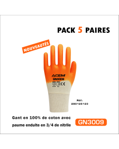 Gants en 100% coton enduits nitrile GN3009 (PACKS 5 PAIRES) blanc & orange - ACEM