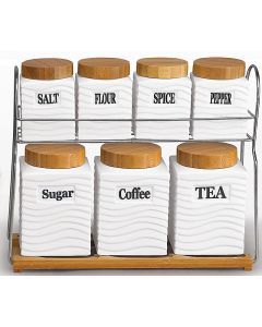 Ensemble de 7 pots de rangement en céramique pour sucre, thé, café et couvercle en bois