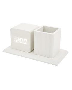 Horloge Réveil Numérique Blanc En Bois Avec Porte-Stylo – Contrôle Vocal, LED, 3 Alarmes, Double Alimentation