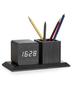 Horloge Réveil Numérique Noir En Bois Avec Porte-Stylo – Contrôle Vocal, LED, 3 Alarmes, Double Alimentation