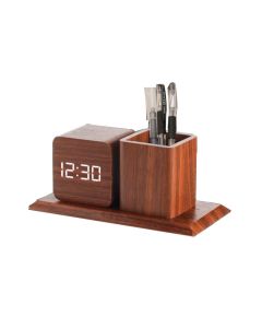 Horloge Réveil Numérique Marron En Bois Avec Porte-Stylo – Contrôle Vocal, LED, 3 Alarmes, Double Alimentation