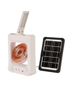 Ventilateur solaire rechargeable 6" - Bluetooth - Lampe LED - Radio FM - Power Bank - Blanc