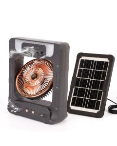 Ventilateur solaire rechargeable 6" - Bluetooth - Lampe LED - Radio FM - Power Bank - Noir