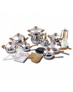 Batterie de cuisine inox OMS – 32 pièces – Bakélite grain de bois