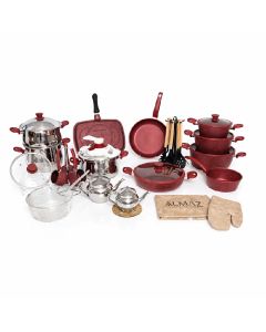 Batteries de cuisine ALMAZ - Granite - 38 Pièces - Rouge Bordeaux