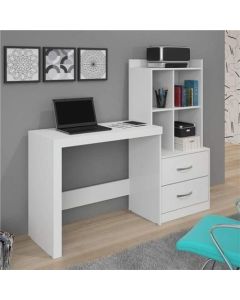 Bureau avec bibliothèque 2 tiroirs 4 niches en bois mdf (particule) - H:126 L:141 P:43 cm Blanc