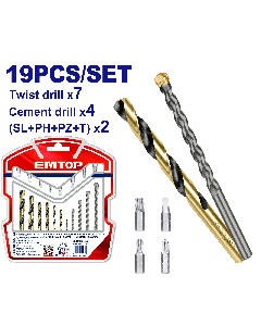 Jeu de 19p forets + embouts emtop  ECBDB1901