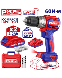 Perceuse a perc brush 20v 60nm+ac emtop ECIDL20602