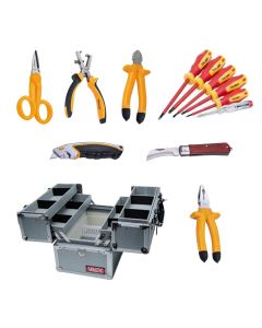 Pack n°11 - Valise à outils Valex + Pince coupante & universelle 180mm 1000V + Pince a dénuder 160 + Jeu de 6 tournevis 1000v + Cutter pro + Ciseau électricien + Couteau électricien 1 lame - Hoteche