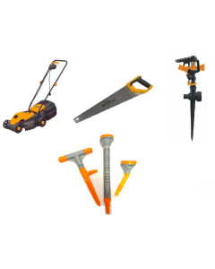 Pack jardinage HOTECHE : tondeuse, arroseur, scie égoïne et lot de 3 arroseurs