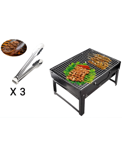 Barbecue en Acier Noir Portable + 3 X Pince Barbecue En Acier
