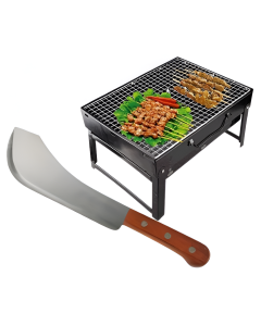 Barbecue en Acier Noir Portable + Machette de Chef - Acier Inoxydable - 55cm