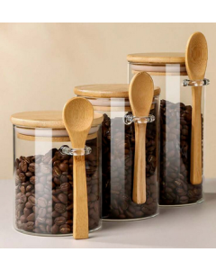 Lot de 3 Boite En verre avec Couvercle en Bois Bambou
