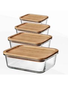 4 Boites de consommation en verre forme rectangle avec couverture bambou - 1500- 1000-700-410 ml