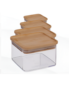 4 Boites de conservation en verre forme Carré avec couverture bambou - 1200- 900-700-400 ml