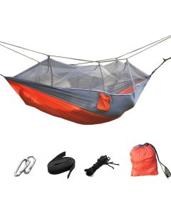 Hamac de camping multifonction pliable - Avec moustiquaire - Orange-Gris - 260 × 140 cm