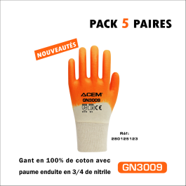Gants en 100% coton enduits nitrile GN3009 (PACKS 5 PAIRES) blanc & orange - ACEM