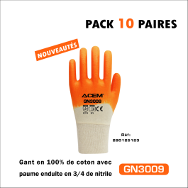 Gants en 100% coton enduits nitrile GN3009(PACKS 10 PAIRES) blanc & orange - ACEM