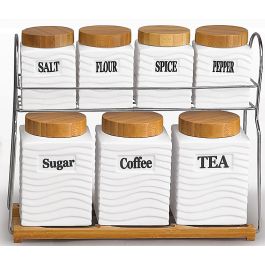 Ensemble de 7 pots de rangement en céramique pour sucre, thé, café et couvercle en bois