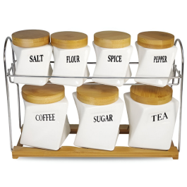 Ensemble de 7 pots de rangement en céramique pour sucre, thé, café et couvercle en bois