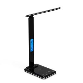Lampe De Bureau LED 3-en-1 avec Réveil, Température et Charge Sans Fil – Éclairage Tactile Pliable et Protecteur Pour les Yeux En Noir