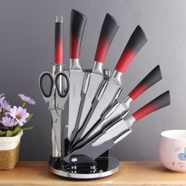 Ensemble De Couteaux De Cuisine avec Support Tournant - 8 Pièces - Noir & Rouge - BASS