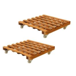 Lot De 2 Supports De Pot en Bois à Roulettes - Pour Intérieur et Extérieur - 37*37 cm