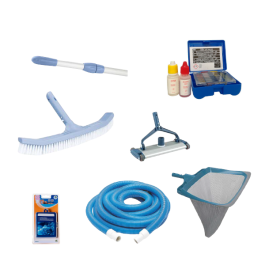 Kit Piscine : Balai 35cm, Épuisette, Manche, Tuyau 12m, Tests pH/TH