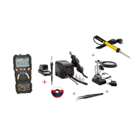 Pack maintenance Gsm Multimètre digital, Station Fer à Souder, Loupe de table, Pince à épiler, Fein fil d étain, Set de soudure Basetech, Pompe à dessouder