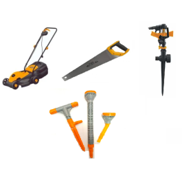 Pack jardinage HOTECHE : tondeuse, arroseur, scie égoïne et lot de 3 arroseurs