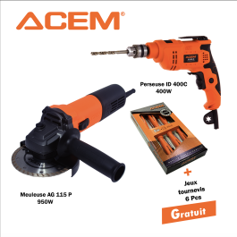 Pack ACEM AG125P - meule à disque 950 W + perceuse 400 W noir et orange + jeux de 6 tournevis gratuit