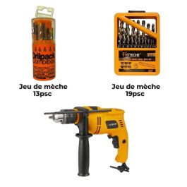 Pack n°7 - Perceuse à percussion 13mm 600W P800209 + jeu de 19 mèches 1-10MM HSS 501002 + jeu de 13 mèches 148018 Combi - HOTECHE