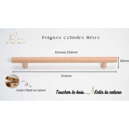 Poignée cuisine dressing modèle cylindre en bois hêtre - S2M-256 cm