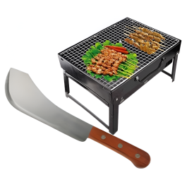 Barbecue en Acier Noir Portable + Machette de Chef - Acier Inoxydable - 55cm