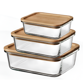 3 Boites de consommation en verre forme rectangle avec couverture bambou - 1040- 680-410 ml