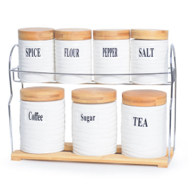 Ensemble de 7 pots de rangement en céramique pour sucre, thé, café et couvercle en bois