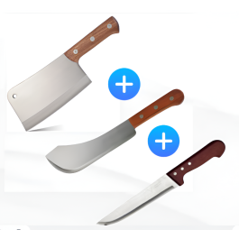 Couperet Manche en Bois - 37 cm + Machette Chef - 55cm + Couteau Chef Cuisine de Viandes avec Manche en Bois - 30 cm