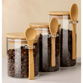 Lot de 3 Boite En verre avec Couvercle en Bois Bambou