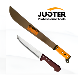 Machette Acier Inoxydable Branche en Plastique Solide - 60cm - JUSTER + Couteau de Chef de Cuisine Viandes avec Manche en Bois - 35 cm
