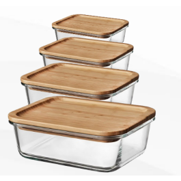 4 Boites de consommation en verre forme rectangle avec couverture bambou - 1500- 1000-700-410 ml