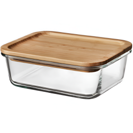 Boite de consommation en verre forme rectangle avec couverture bambou - 410 ml