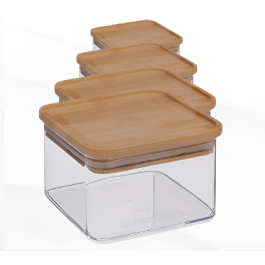 4 Boites de conservation en verre forme Carré avec couverture bambou - 1200- 900-700-400 ml